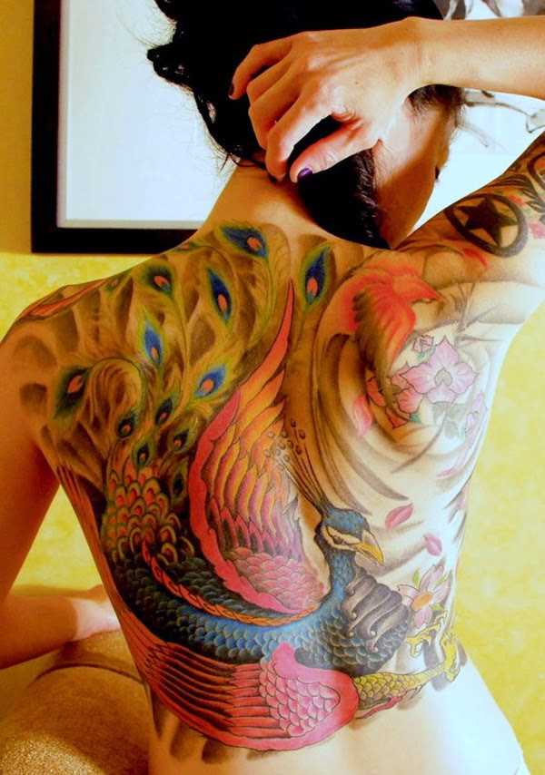 Pavão - tatuagem nas costas de uma menina