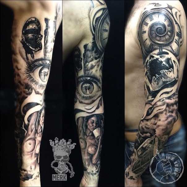 Tattoo sleeve - olho, o relógio e o crânio