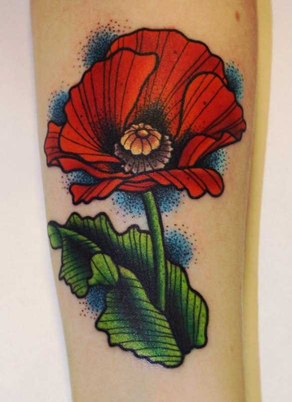Tatuagem com makovym flor sobre a perna da menina