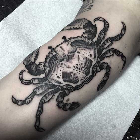 Tatuagem de caranguejo na mão de um cara