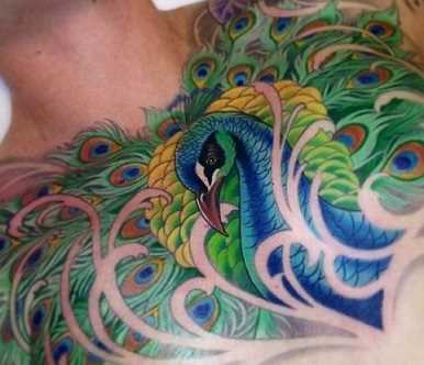 Tatuagem de pavão na cara no peito