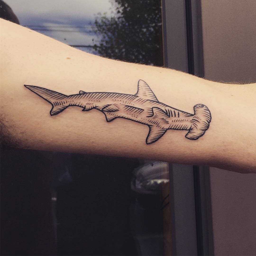 Tatuagem de peixe-martelo na mão de homens