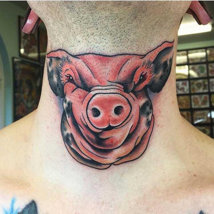 Tatuagem de porco no pescoço do cara