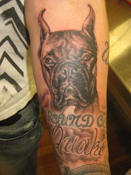 Tatuagem de uma menina no antebraço - o cão e a inscrição
