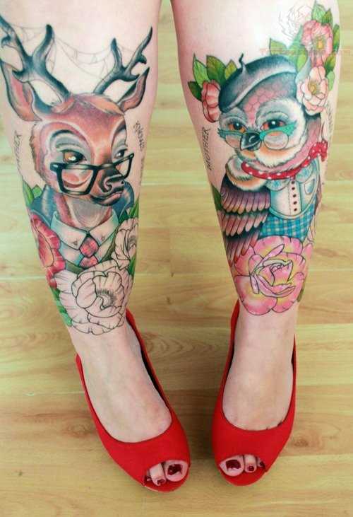 Tatuagem em canelas meninas - veado e coruja