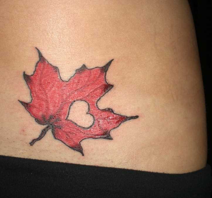 Tatuagem na barriga da menina - folha com um coração