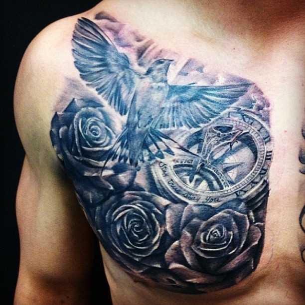 Tatuagem na cara no peito - de- pomba, rosas e relógios