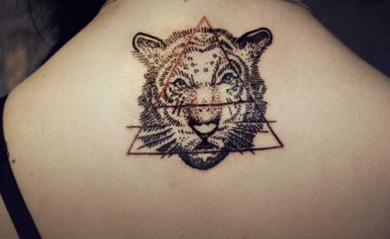 Tatuagem na coluna da menina - um triângulo e uma cabeça de tigre