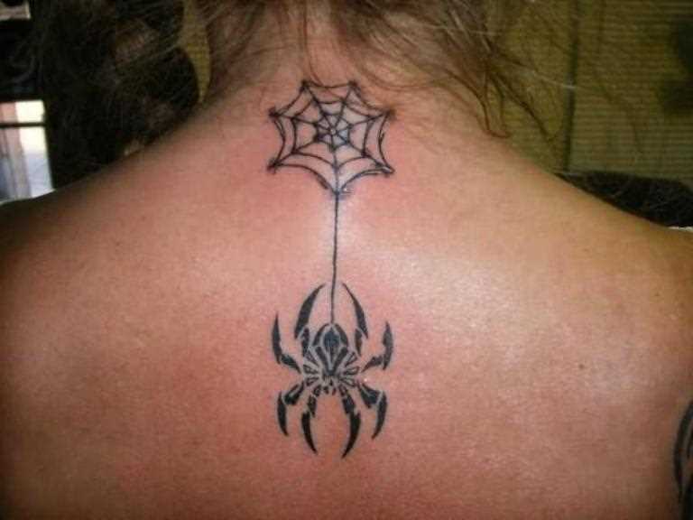 Tatuagem na coluna da menina - uma teia de aranha e a aranha