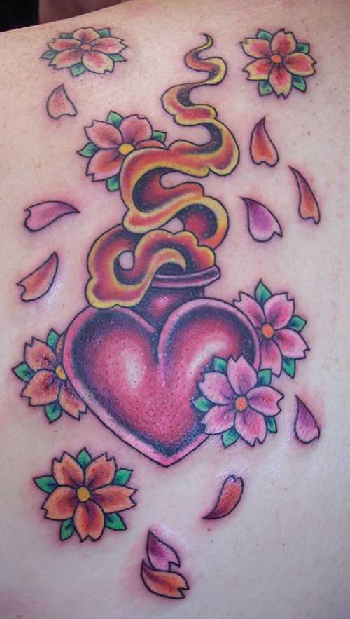 Tatuagem na lâmina de uma menina - o coração, o fogo e a sakura