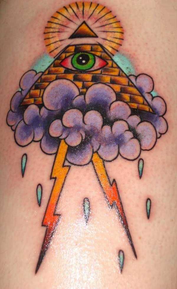 Tatuagem na perna da menina - a pirâmide com o olho, nuvem, chuva e relâmpago