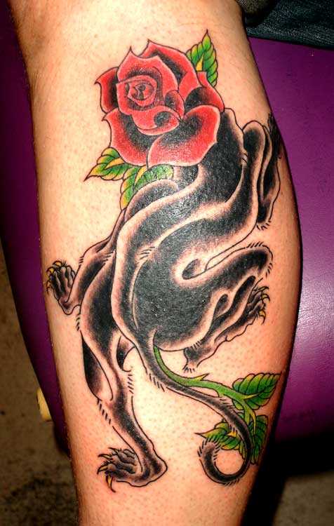 Tatuagem na perna da menina - pantera com uma rosa na cabeça