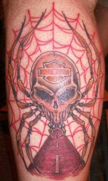 Tatuagem na perna de um cara - de- teia de aranha e a aranha