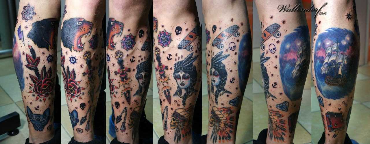 Tatuagem na perna de um cara - oldschool, um cão, um punhal, um navio