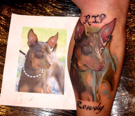 Tatuagem na perna do cara - de- cão e desenho de tatuagem