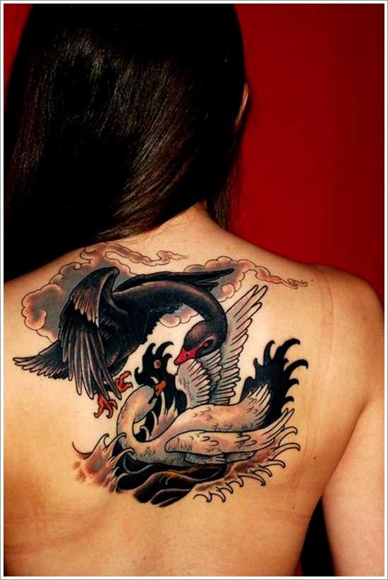 Tatuagem nas costas da menina - cisnes