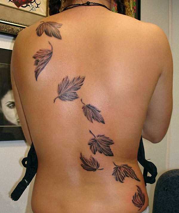Tatuagem nas costas da menina - opadaiushchie folhas