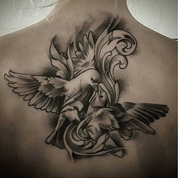 Tatuagem nas costas da menina - pombos