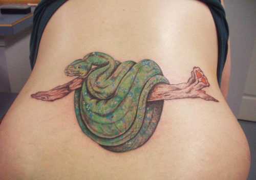 Tatuagem nas costas de uma menina de cobra na árvore