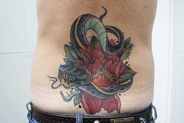 Tatuagem nas costas do cara - de serpentes, em cores