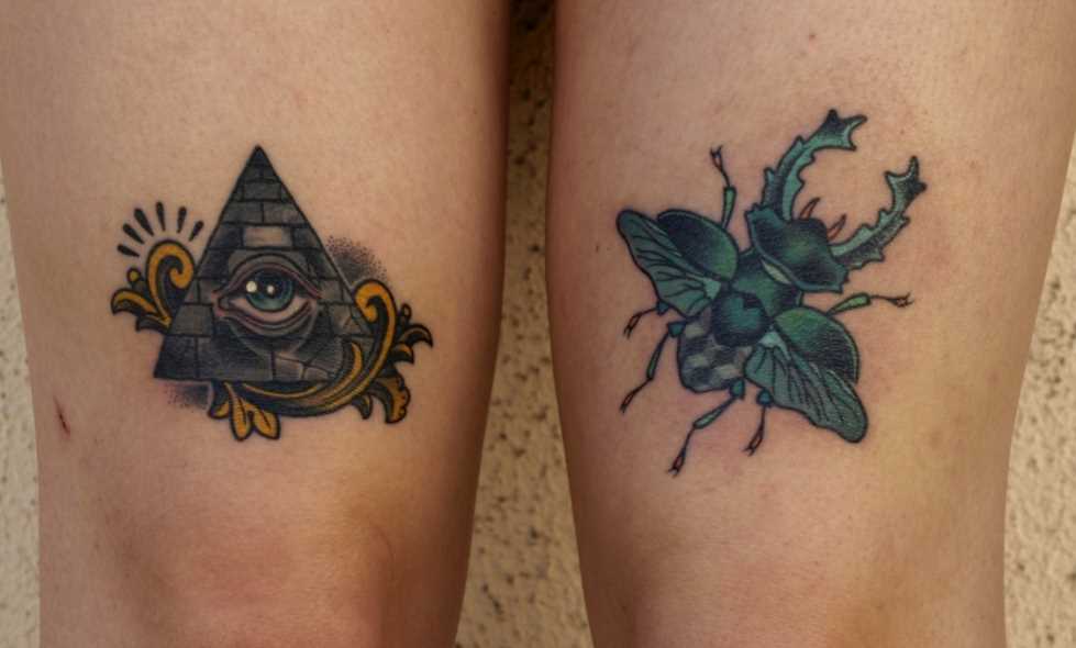 Tatuagem nas coxas da menina - triângulo com o olho e o besouro