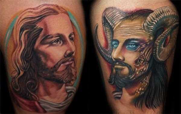 Tatuagem nas coxas do cara é o diabo e Jesus