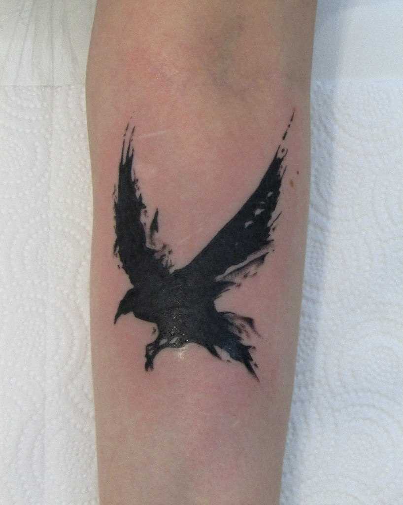 Tatuagem no antebraço da menina - o corvo