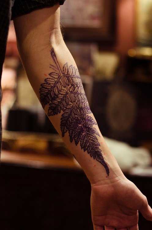 Tatuagem no antebraço de um cara em forma de folha