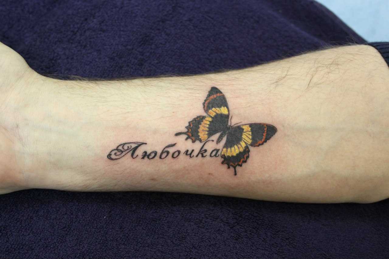 Tatuagem no antebraço do cara - a borboleta e o nome feminino