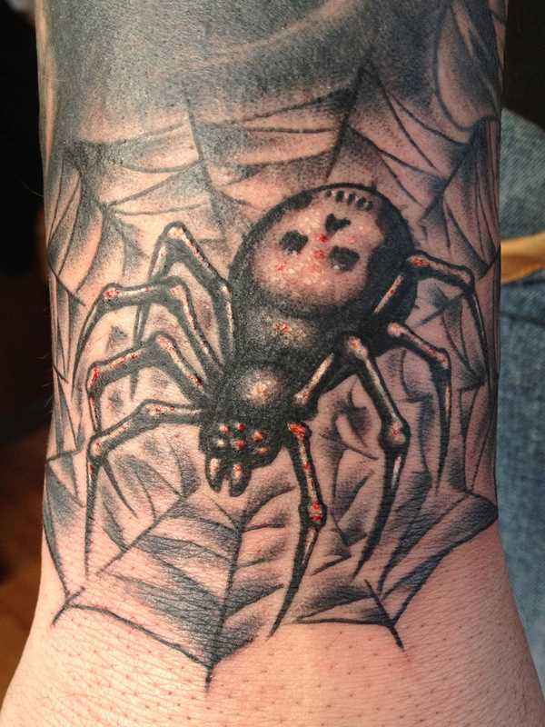 Tatuagem no braço de um cara - de- teia de aranha e a aranha