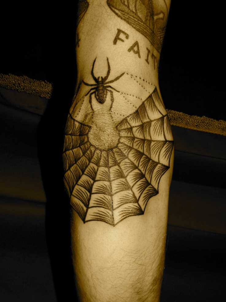 Tatuagem no cotovelo do cara - de- teia de aranha e a aranha