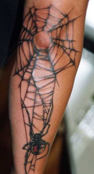Tatuagem no cotovelo meninas - teia de aranha e a aranha no antebraço
