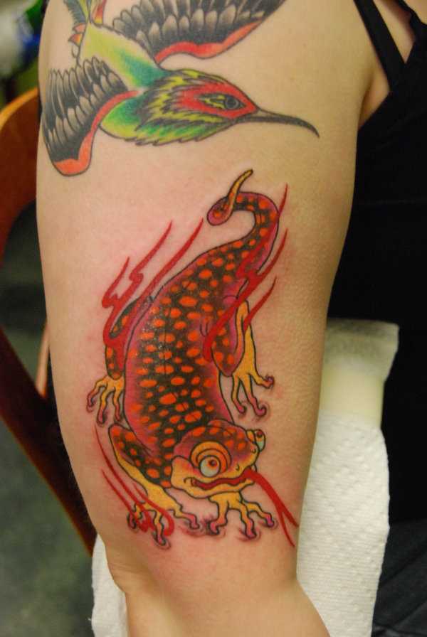 Tatuagem no ombro da menina - a salamandra e o pássaro