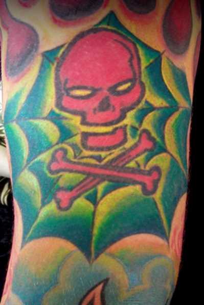 Tatuagem no ombro da menina - a web e o crânio com ossos