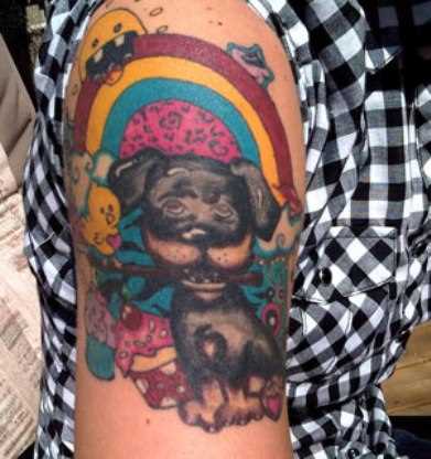 Tatuagem no ombro da menina - o cão com vara nos dentes