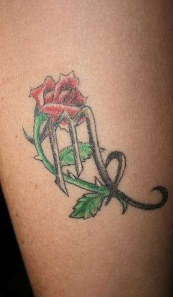 Tatuagem no ombro da menina - signo de virgem e rosa