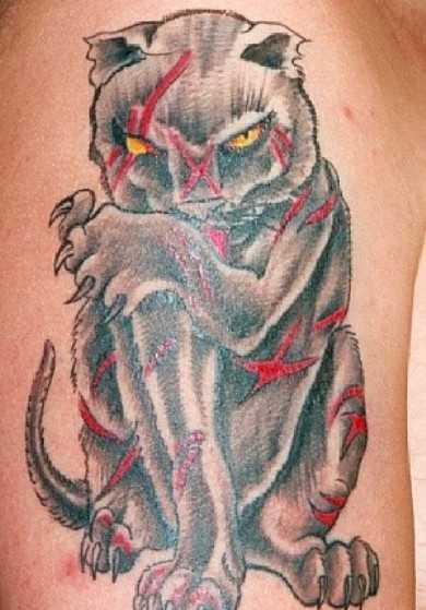 Tatuagem no ombro de um cara com a imagem da ferida panteras