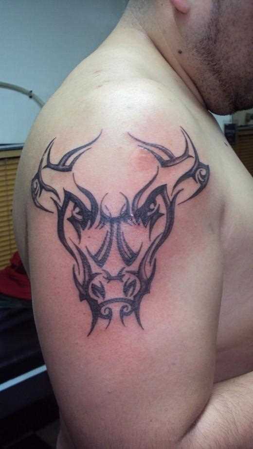 Tatuagem no ombro de um cara com a imagem de um touro