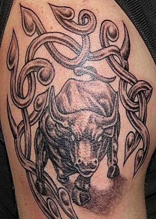 Tatuagem no ombro de um cara - o touro e o padrão de