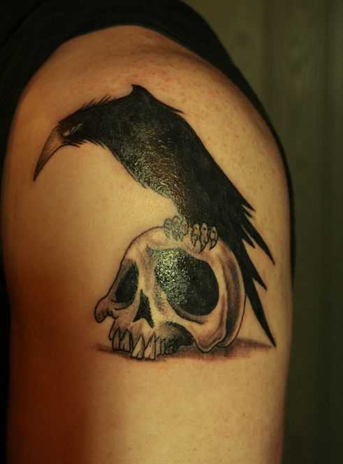 Tatuagem no ombro o homem - corvo no crânio