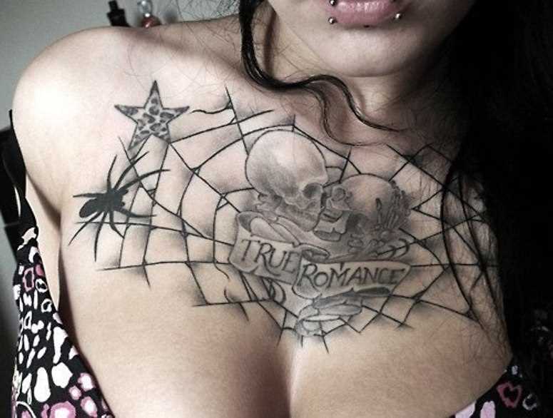 Tatuagem no peito da menina - teia de aranha, a aranha, o crânio, a estrela e a inscrição