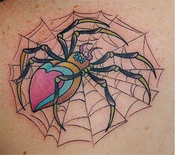 Tatuagem no peito da menina - uma teia de aranha e a aranha