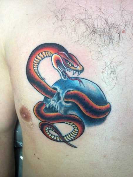 Tatuagem no peito de um cara - de- cobra e o crânio
