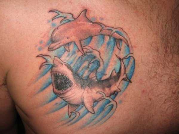 Tatuagem no peito de um cara - o golfinho e o tubarão