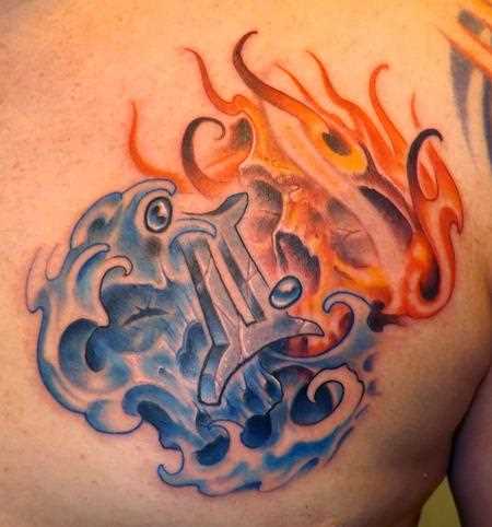 Tatuagem no peito de um cara - signo de gêmeos, o fogo e a água