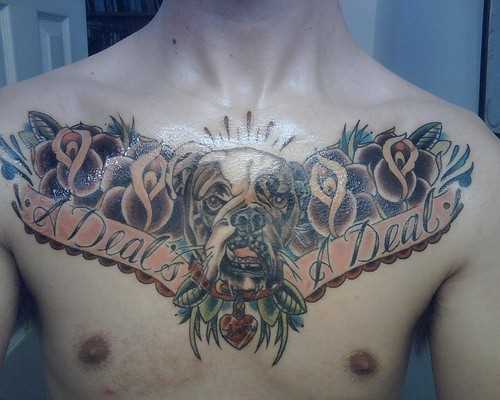 Tatuagem no peito do cara - de- cão, rosas e inscrição