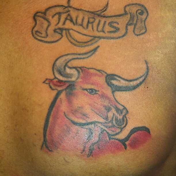 Tatuagem no peito do cara - o touro e a inscrição