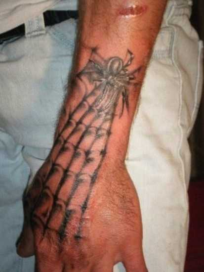 Tatuagem no pincel cara - de- teia de aranha e a aranha no antebraço