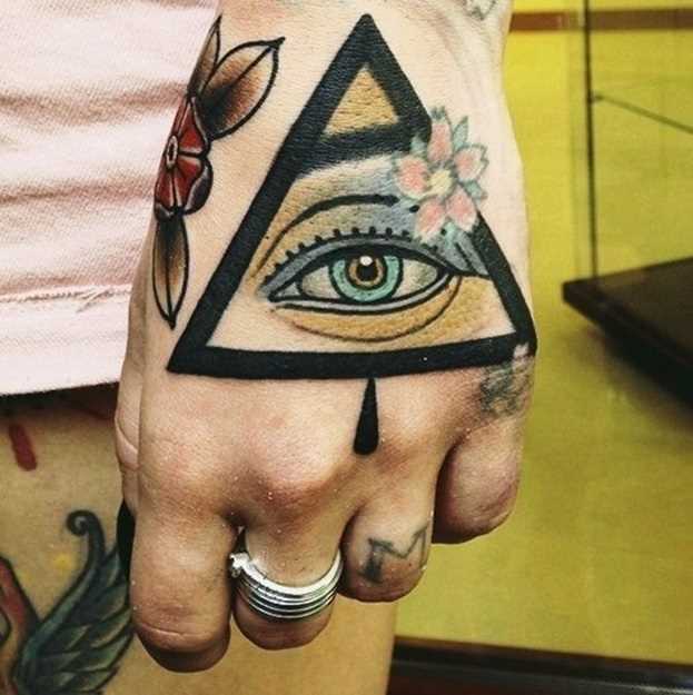 Tatuagem no pincel meninas - triângulo com o olho de