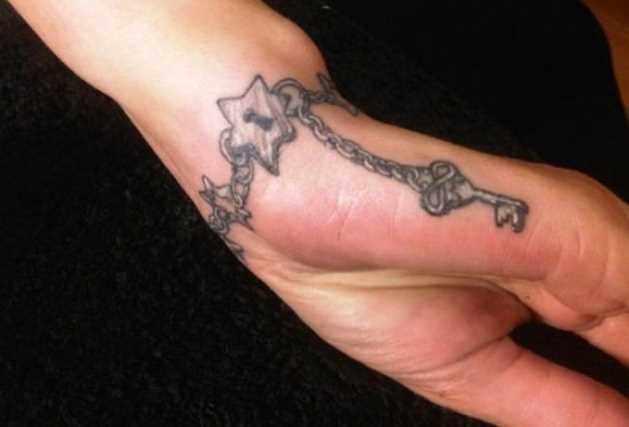 Tatuagem no pulso da menina cadeia com fechadura e chave